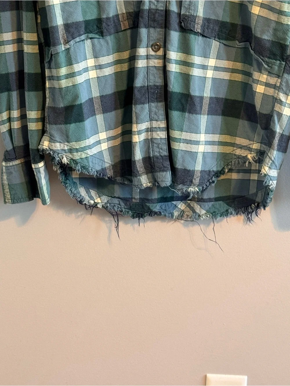 Free People Blue Plaid‎ Frayed Hem Button Front Shirt Small